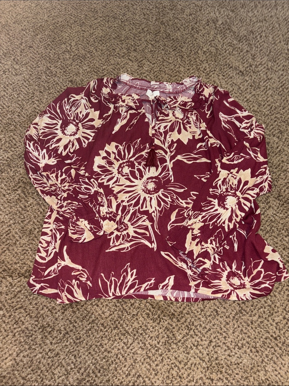 New Floral Print Blouse in Burgundy Lightweight  Long Sleeve Top Small